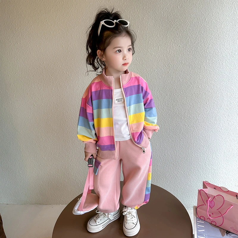 女童彩条纹套装洋气儿童春秋外套2025新款女宝宝休闲两件套小女孩