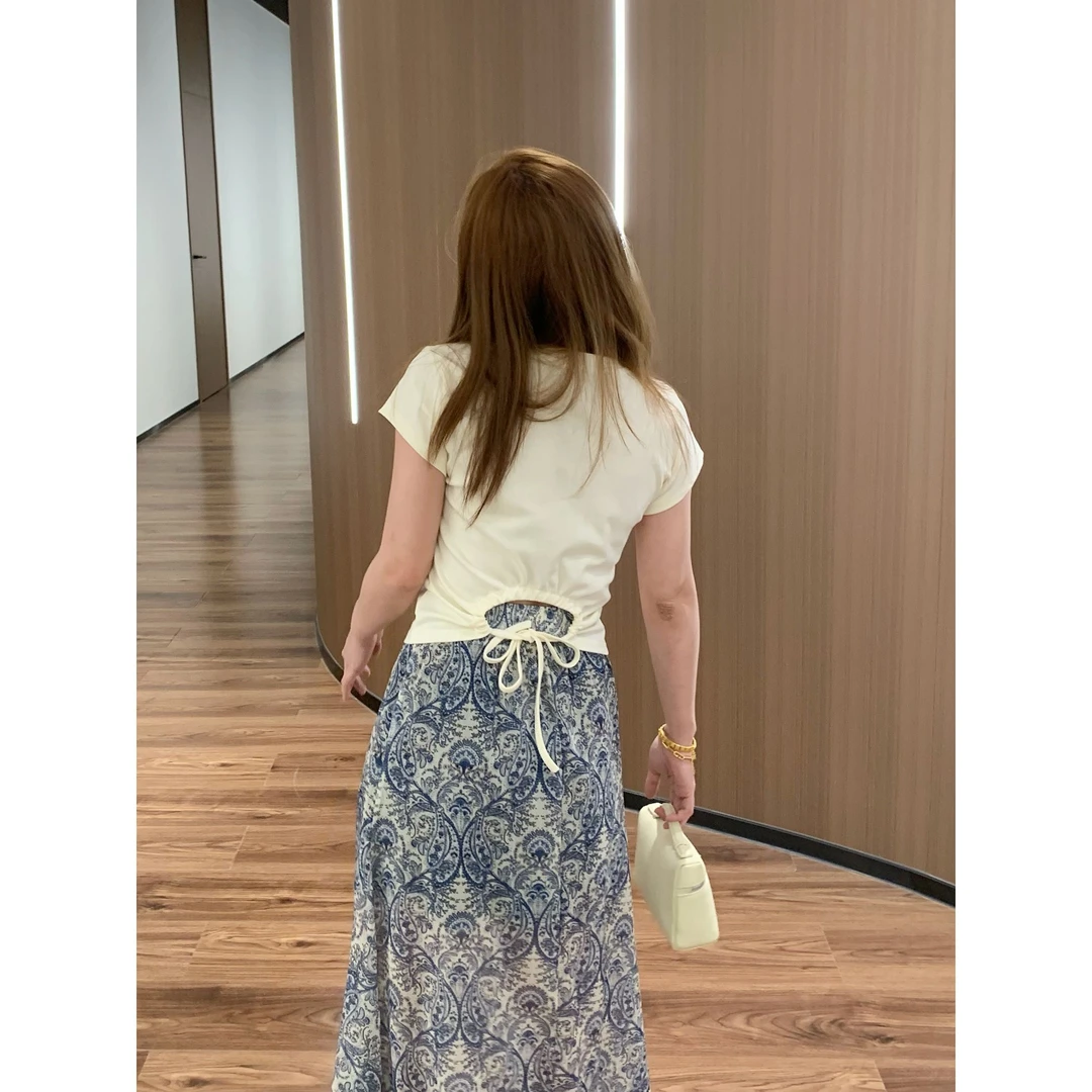 YO定制夏季休闲百搭后背镂空绑带短袖T恤设计感收腰显瘦短款上衣