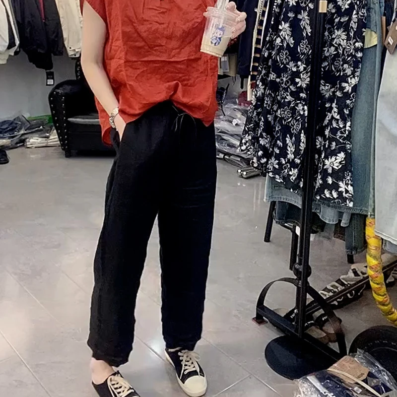 黑色高腰显瘦速干休闲直筒老爹裤子夏季薄款百搭宽松遮胯哈伦裤女