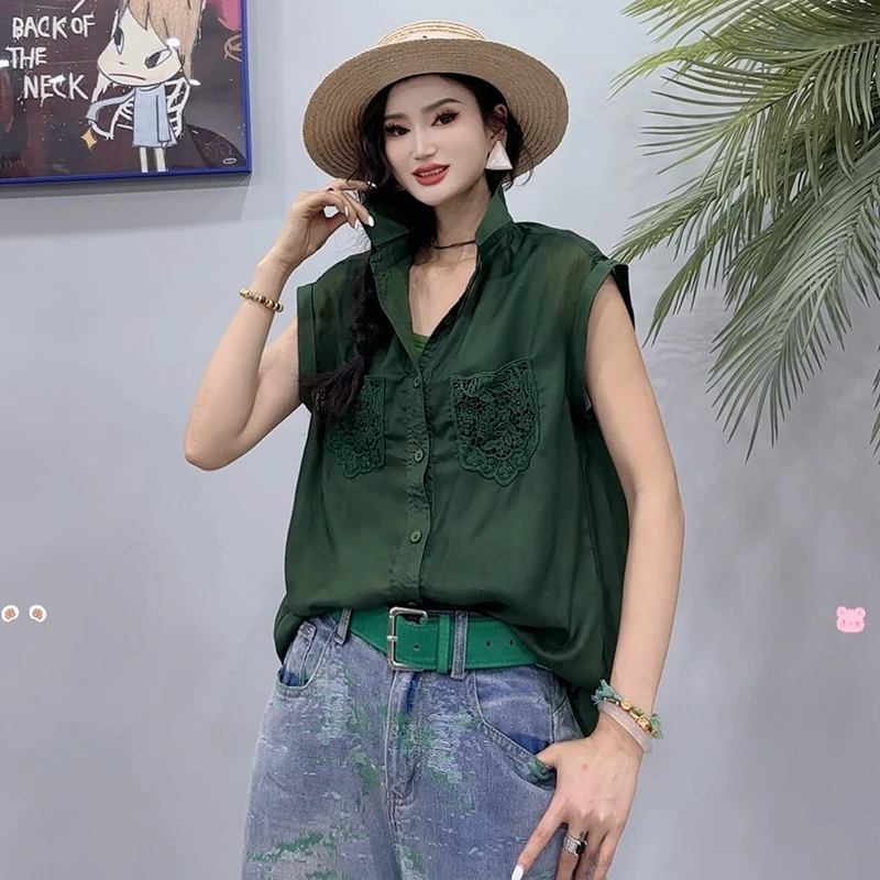 夏季新款蕾丝衬衫女2025时尚宽松百搭设计感休闲女上衣衬衫-9038