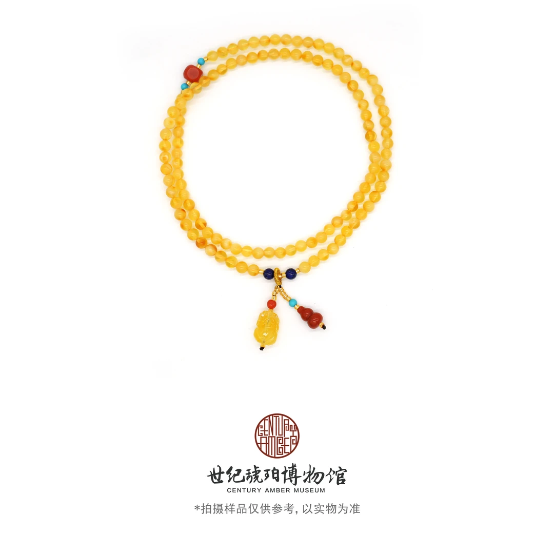 天然蜜蜡5金绞圆珠4mm约9g貔貅三圈手串（南红葫芦款）-05001142