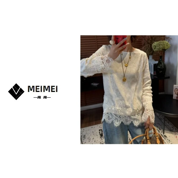 XMM.【醋酸国风衬衣】蕾丝气质长袖针织时尚百搭打底潮流显瘦圆领衫