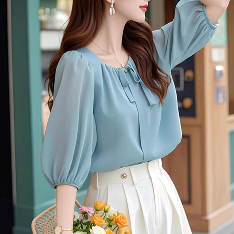 春秋减龄好看的韩系chic别致通勤上衣休闲蓝色五分袖雪纺衬衫女款