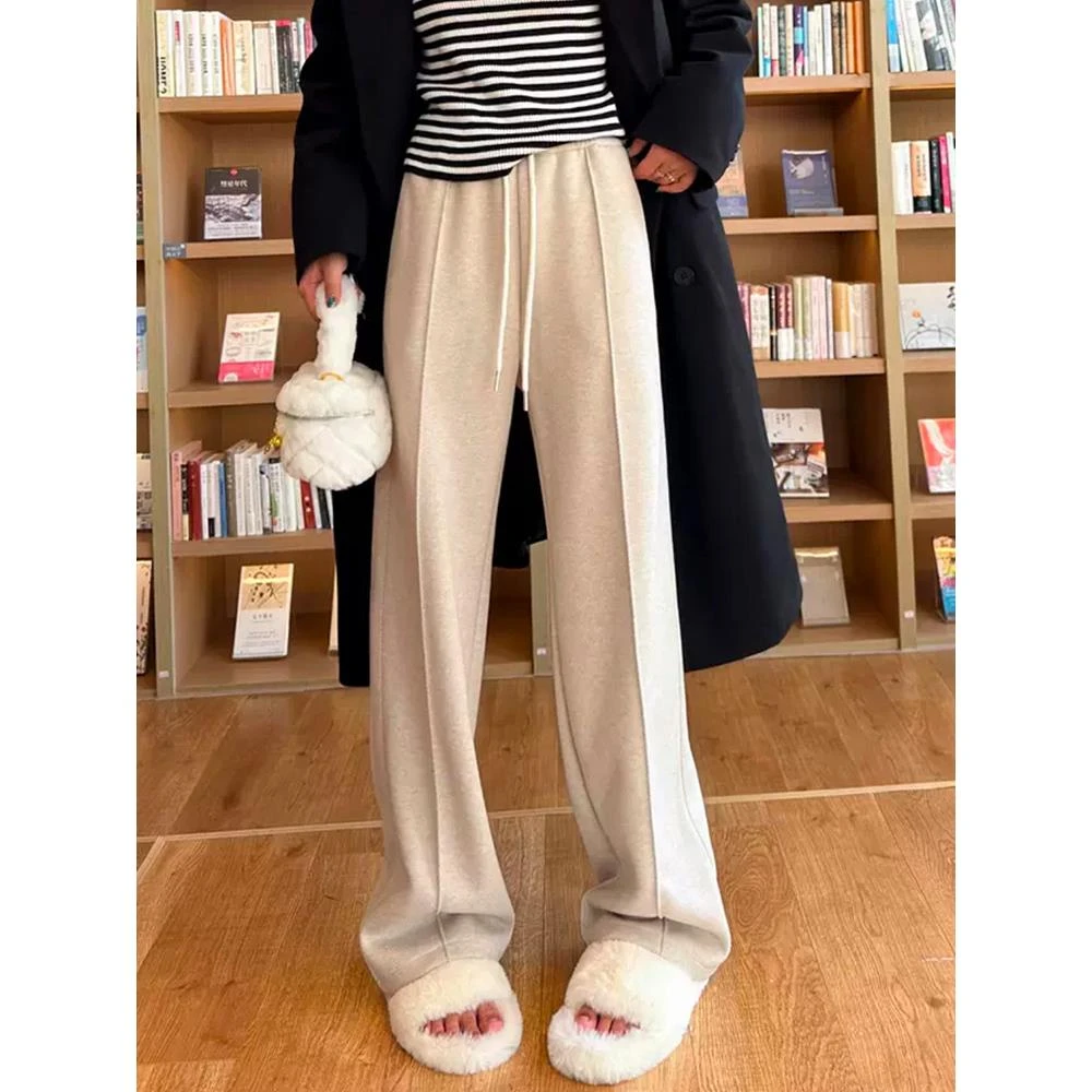 黑灰色毛呢人字纹阔腿裤女秋冬加绒加厚直筒裤高屁帘大码加绒裤子