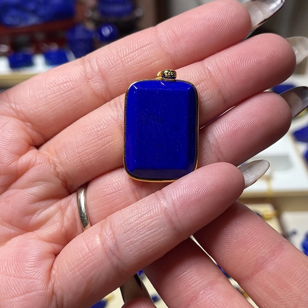 青金石银S925镀金镶嵌无事牌吊坠