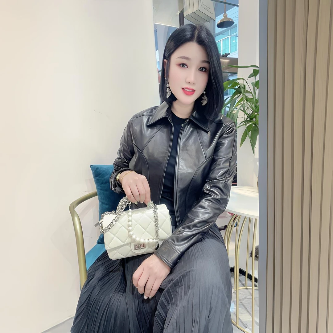 QUEEN【真皮】小翻领绵羊皮衣（时尚真皮短款显瘦百搭修身设计师）