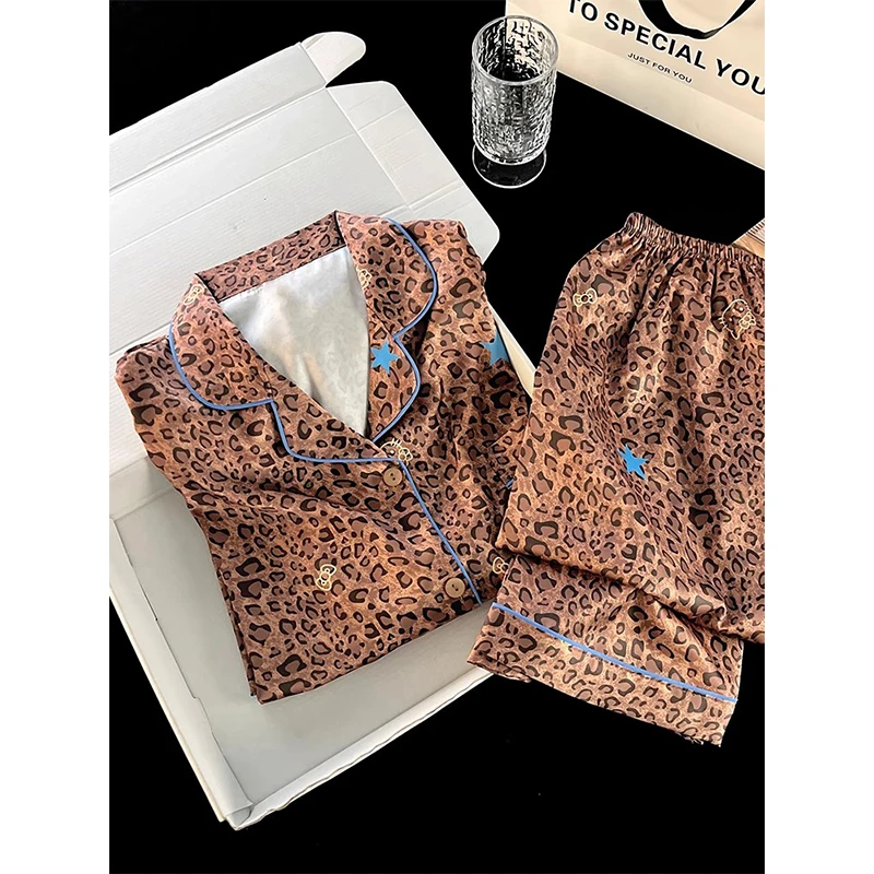 网红风美拉德豹纹睡衣女春秋季琥珀Kitty猫云朵棉长袖长裤家居服
