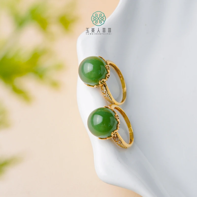 石惑珠宝^和田玉圆珠戒指约12mm-多样性发一