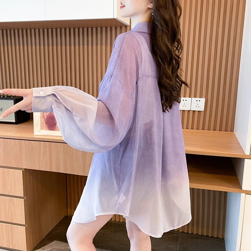 渐变色防晒衬衫女夏2025爆款宽松显瘦休闲透气薄款开衫扎染外套潮