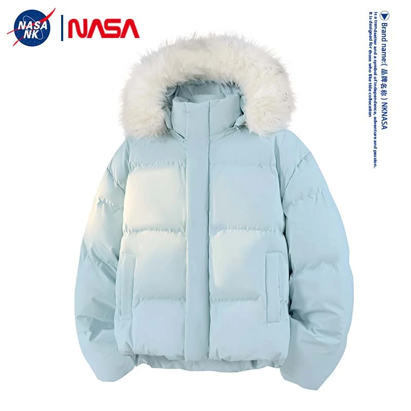 NASA联名美式毛领连帽面包棉服男女同款冬季加厚保暖宽松棉衣外套