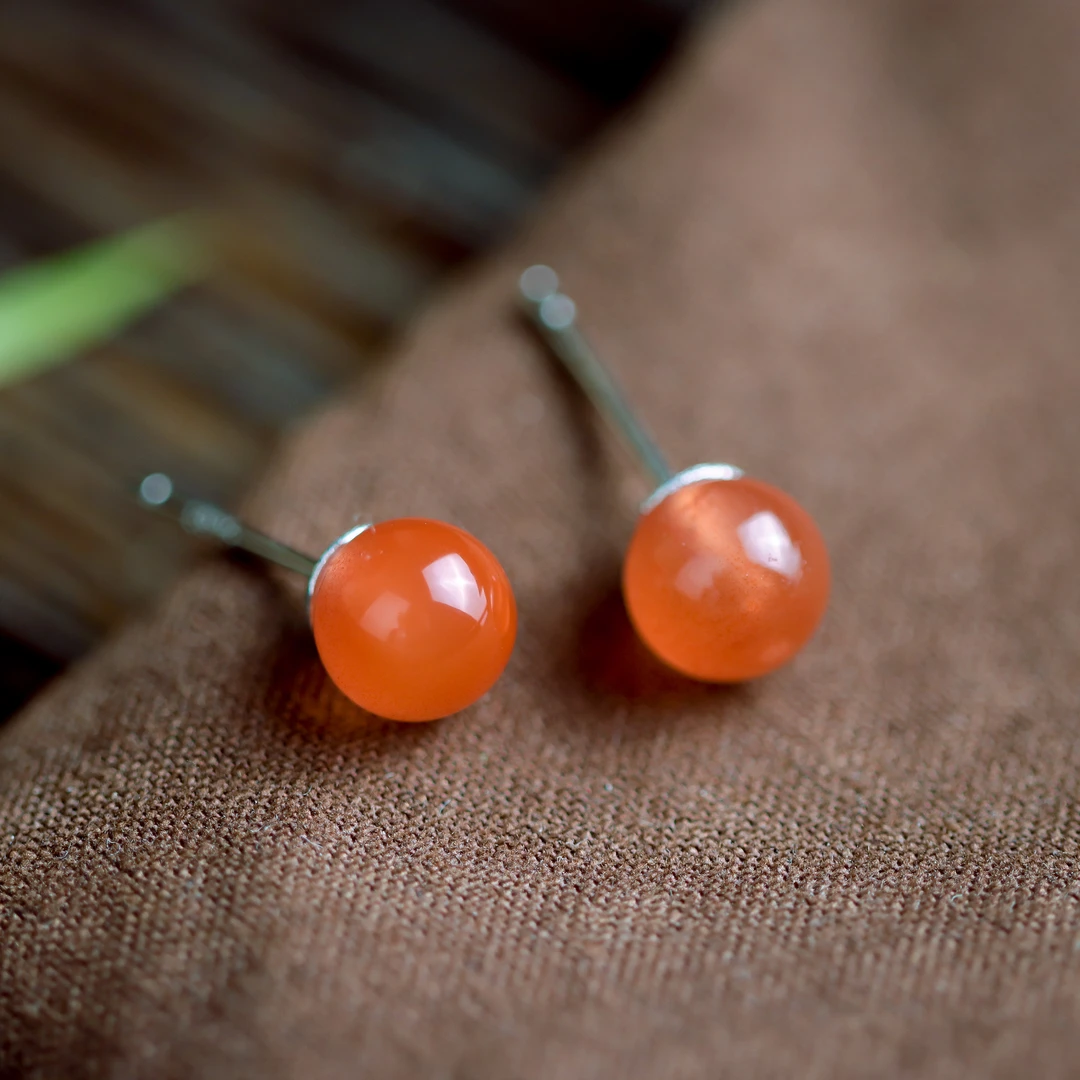 S925银素银镶嵌南红玛瑙圆珠民族风百搭女款耳钉