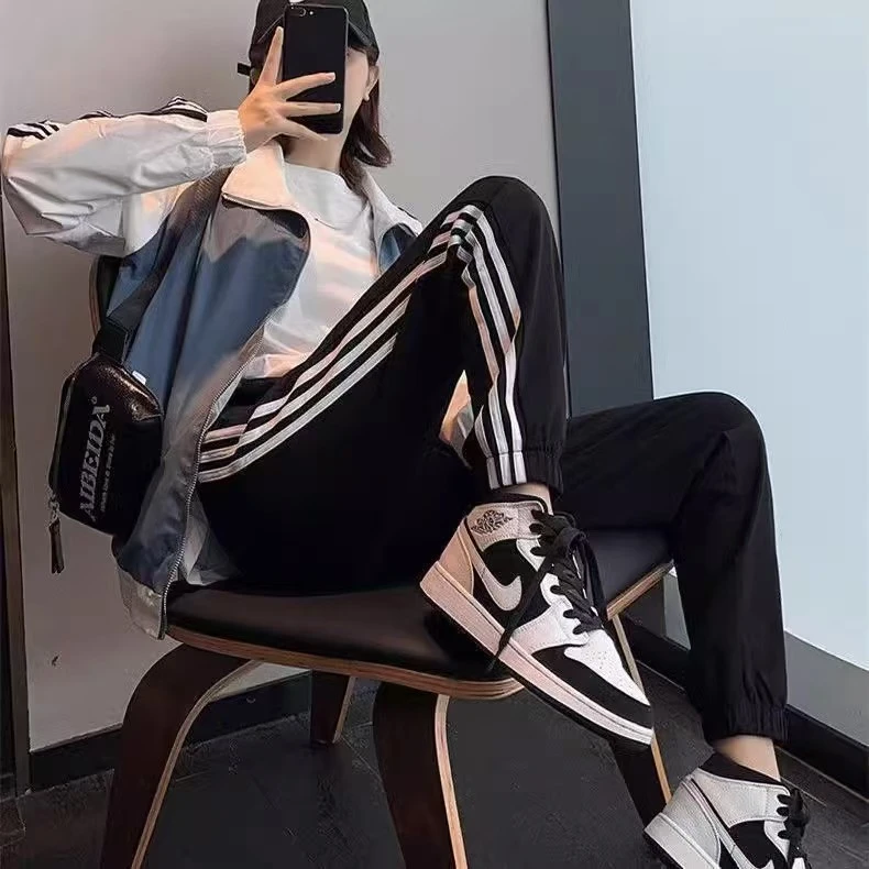 【青仓源头工厂】三杠条纹男女同款直筒束脚螺纹运动休闲裤宽松舒适