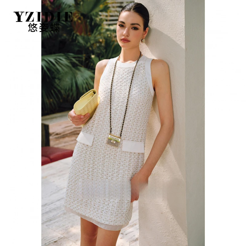 YZIDIE重工串珠花呢拼光泽缎面水晶缎下摆圆领香风无袖连衣裙