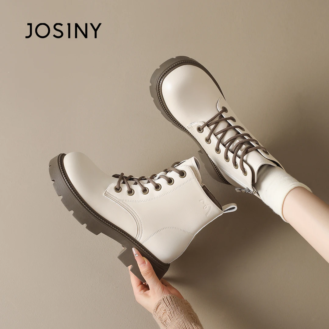 卓诗尼英伦马丁靴2025秋冬季时尚百搭英伦风胶粘粗跟中筒纯色系带