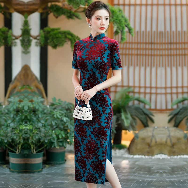 2024早秋新款中国风四面弹长款复古旗袍女装少女改良连衣裙日常