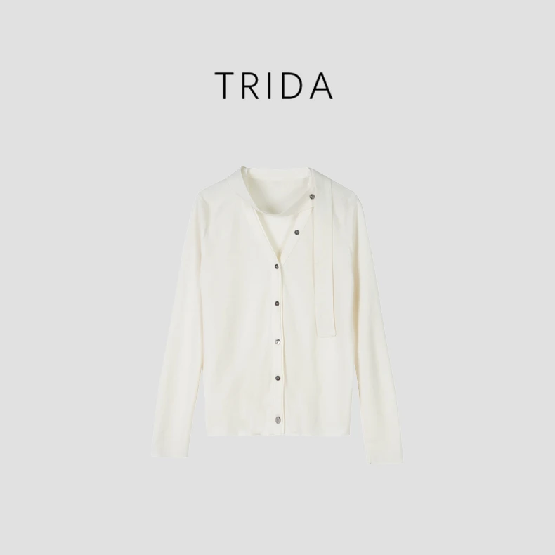 【Trida】两色法式羊毛混纺系带单排扣开衫针织衫111401