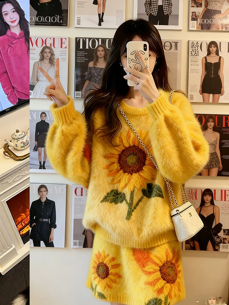 冬装搭配一整套独特绝美时尚高级感超好看慵懒软糯毛衣半裙两件套