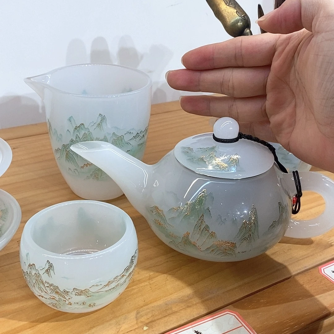 琉璃手工艺品千里江山茶壶 客杯4 公道杯1 主人杯1
