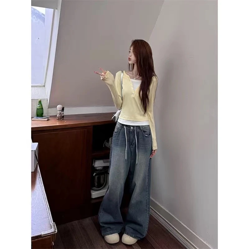 长袖秋季小众时尚显瘦假两件洋气复古设计感2025早秋长袖假两件聚