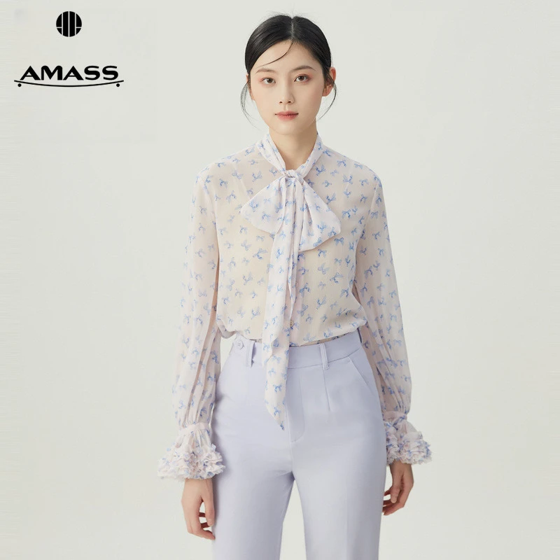阿玛施AMASS新款女装法式浪漫蝴蝶结印花飘带长袖花色衬衫5301047