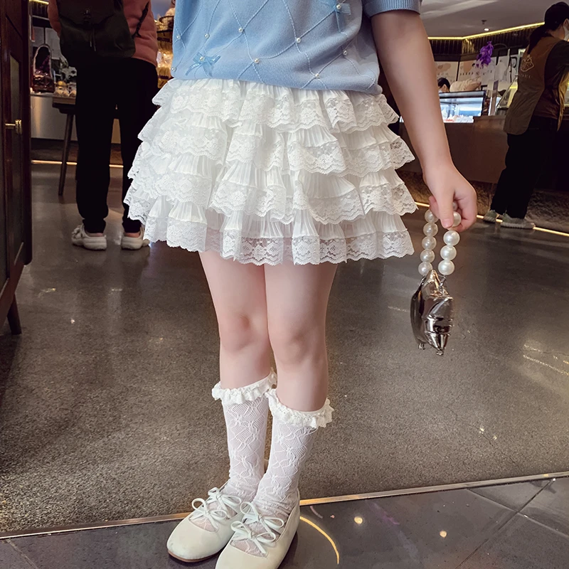 【现货】米米哈罗女童时髦甜美蕾丝蛋糕裙女孩白色半身裙 X25340