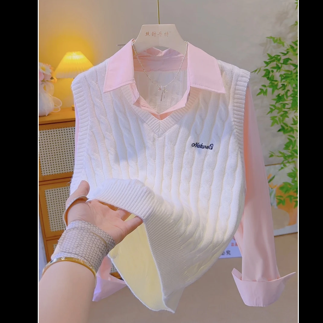 3韩系学院风假两件长袖马甲针织衫女秋冬季设计感独特别致上衣