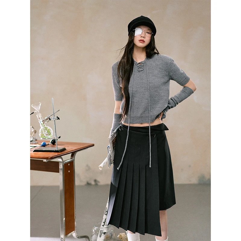 【LaluneDuCiel】LLDC羊毛混纺连帽绑带针织短袖+袖套LAMY00667