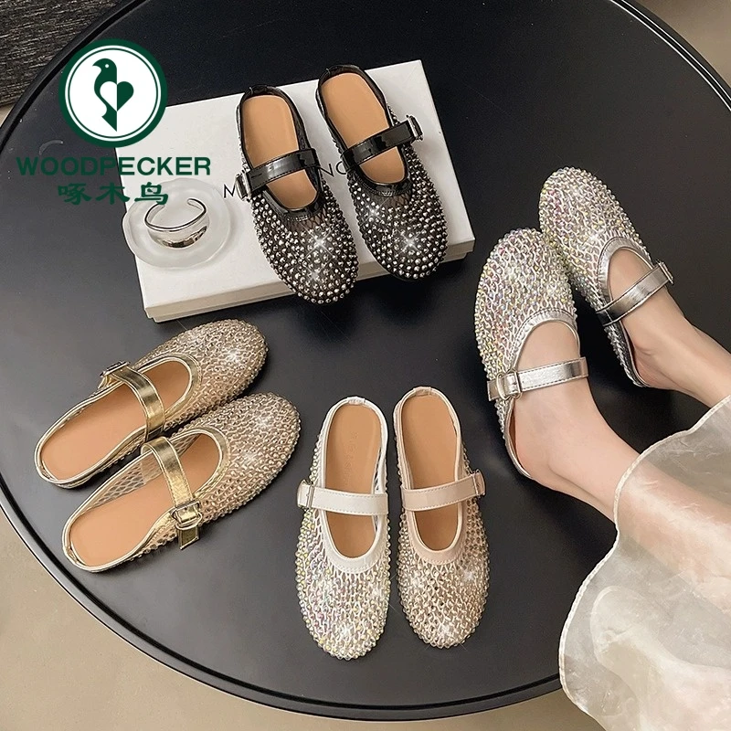 啄木鸟水钻玛丽珍包头半拖鞋女夏季外穿2025新款半托单鞋法式凉拖