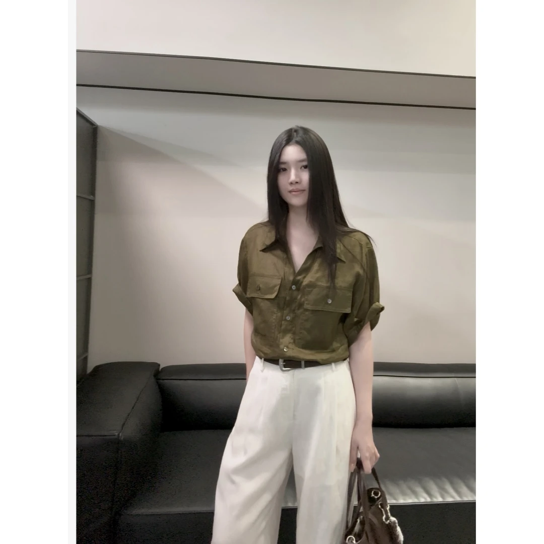 NEW MMSJ 显白橄榄绿苎麻短袖衬衫