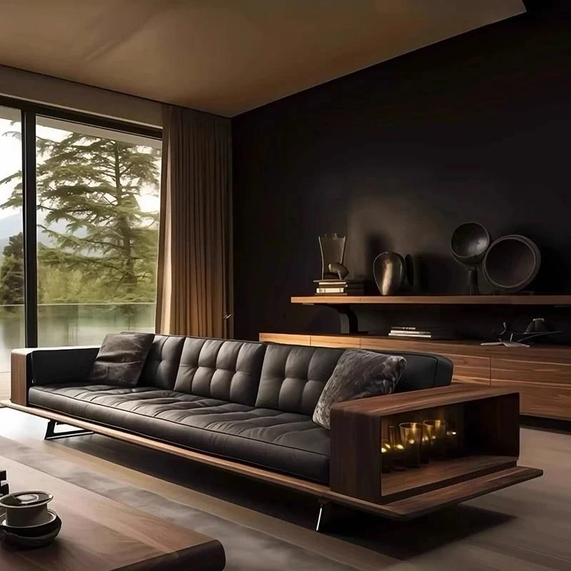 新中式实木沙发客厅2025新款高端北美黑胡桃木轻奢黑色直排真皮