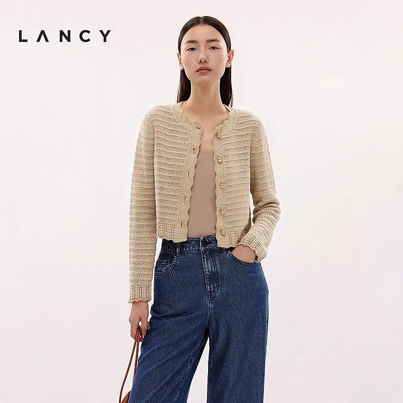 LANCY/朗姿2025年夏新款高级感优雅法式短款开衫气质长袖针织衫女