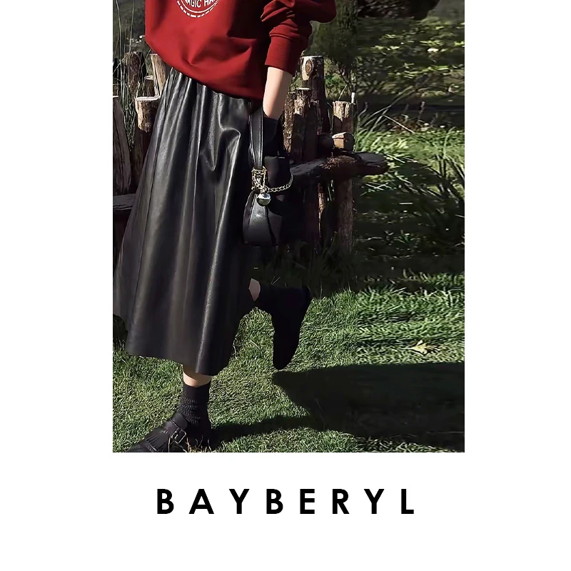 BAYBERYL老贝高阶皮裙*侧口袋时髦A字秋中长半身裙 YQ5F0246-7/26