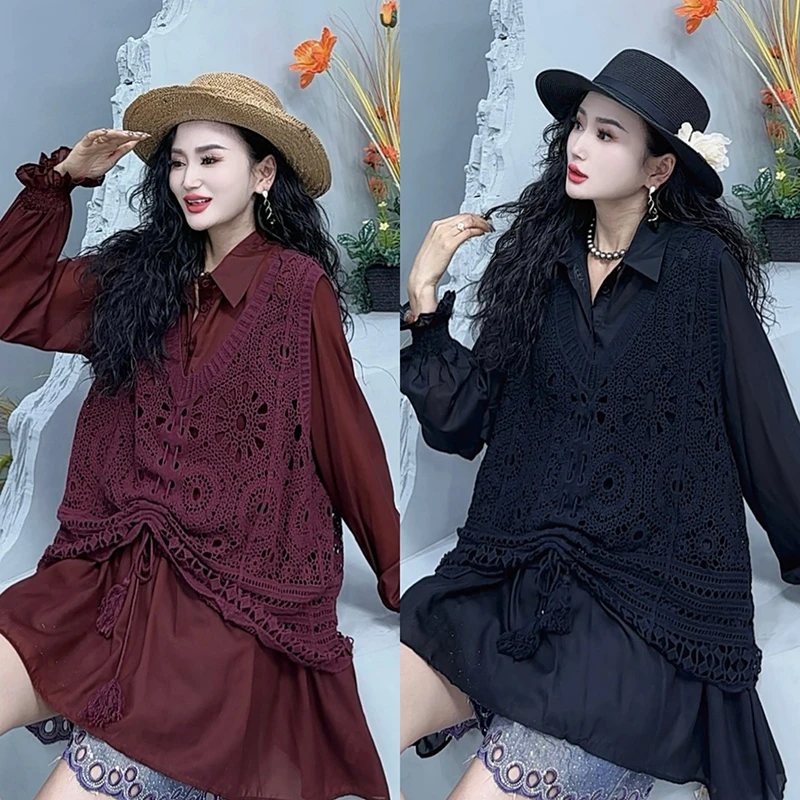 复古镂空钩花V领大码女装背心宽松文艺套头针织无袖马甲上衣-5901