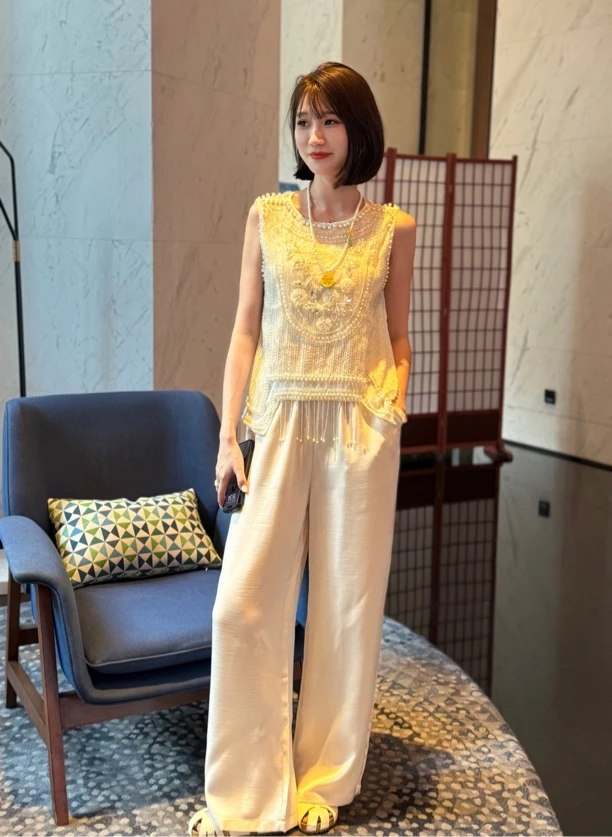 重工珍珠立体花朵流苏背心169-1