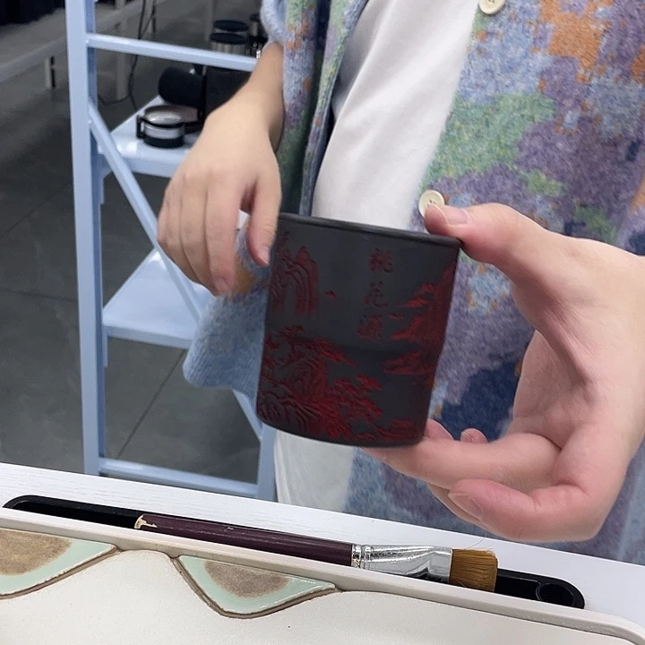 茶杯紫砂石黄刻绘主人杯