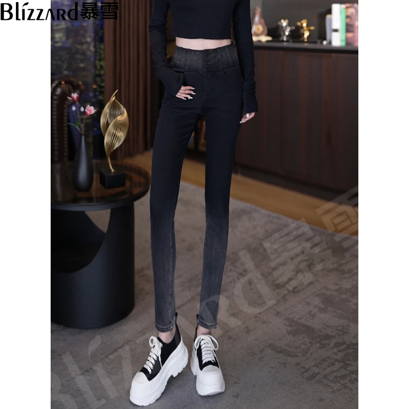 【渐变/黑玫瑰】8倍四面弹高腰牛仔裤女2025春季新款紧身显瘦小脚裤