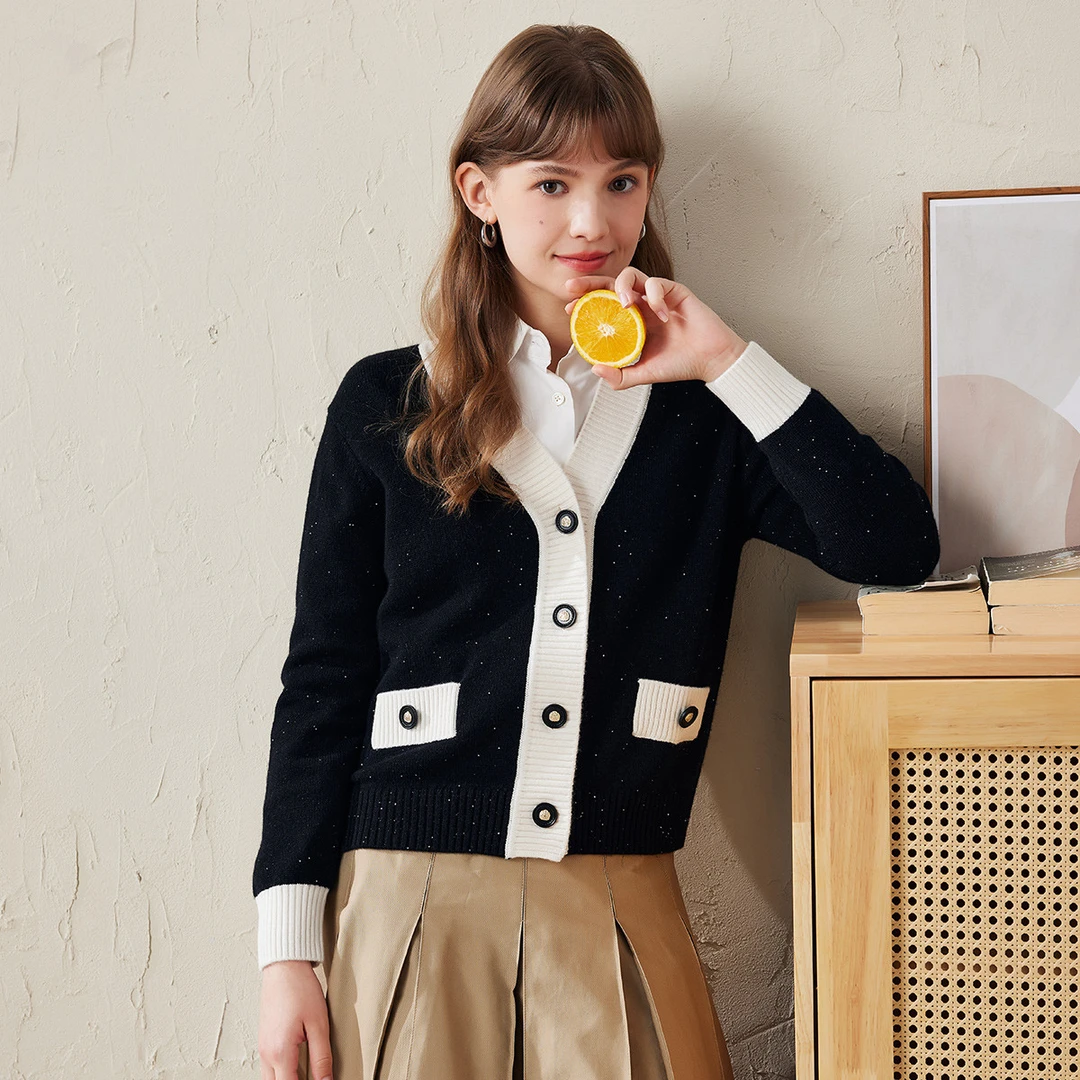 经典不过时~24秋冬加厚绵羊毛V领女开衫撞色针织外套KSS5194