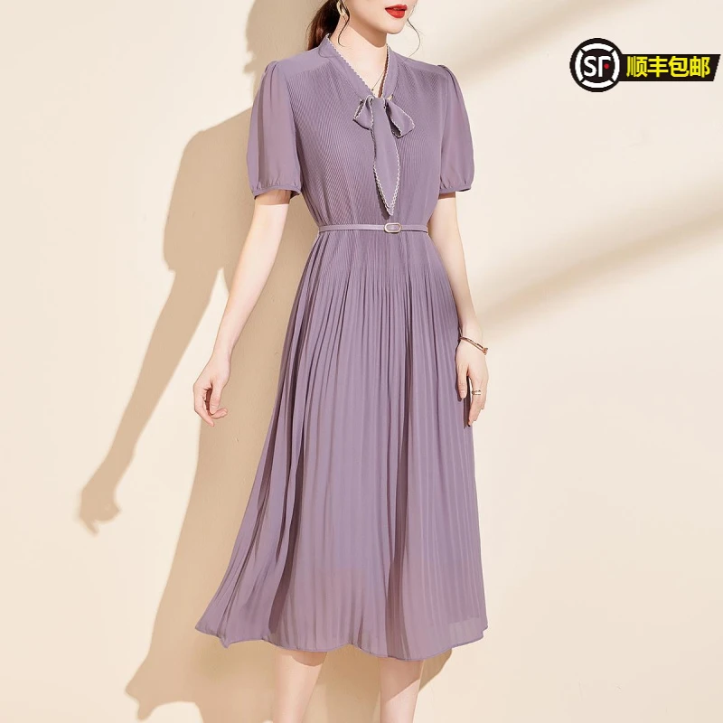 紫雨琪紫色v领百褶连衣裙女2025新款蝴蝶结短袖夏季显瘦淑女收腰