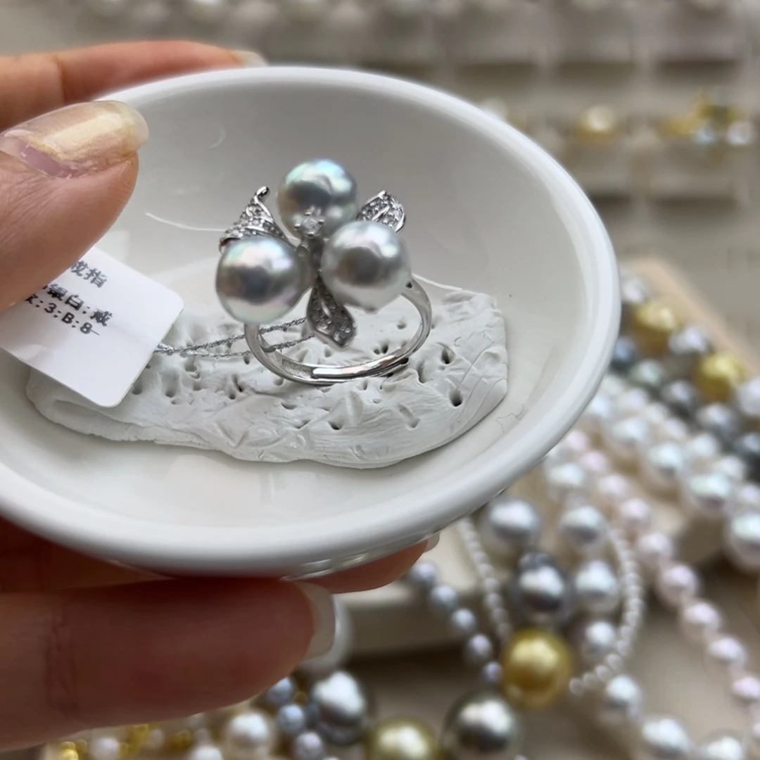 银S925镶嵌戒指海水珍珠7.5-8mm真多麻三颗近圆花朵