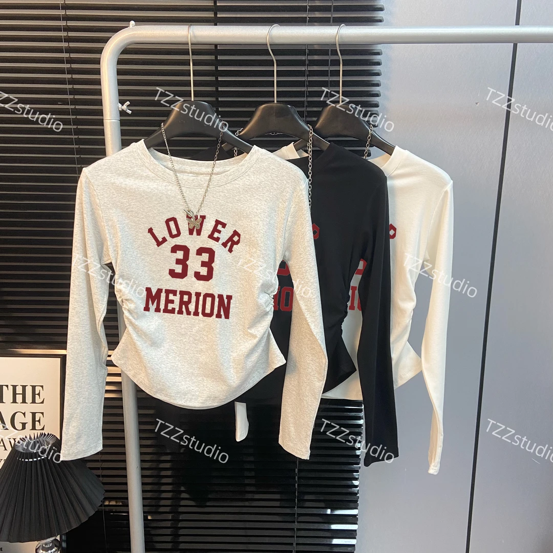 ZZ 圆领褶皱收腰显瘦t恤早春新款安可拉红字母上衣辣妹正肩长袖