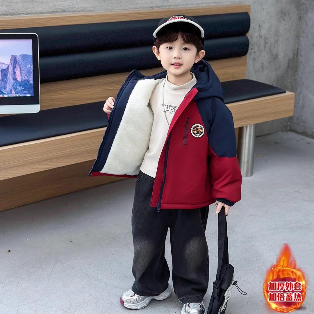 男童加绒外套儿童派克服秋冬2025新款帅气防风男小童冬装加厚棉服