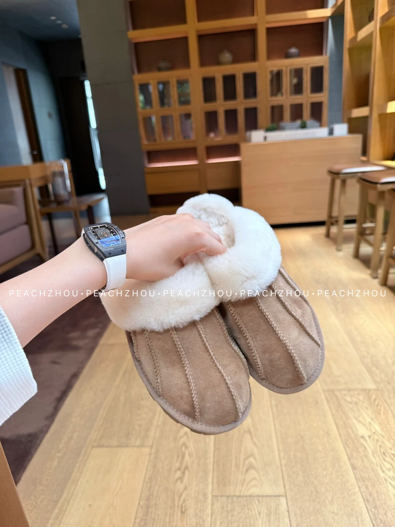 『PEACHZHOU』羊皮毛一体平底保暖包头拖休闲家居外穿一脚蹬毛拖鞋