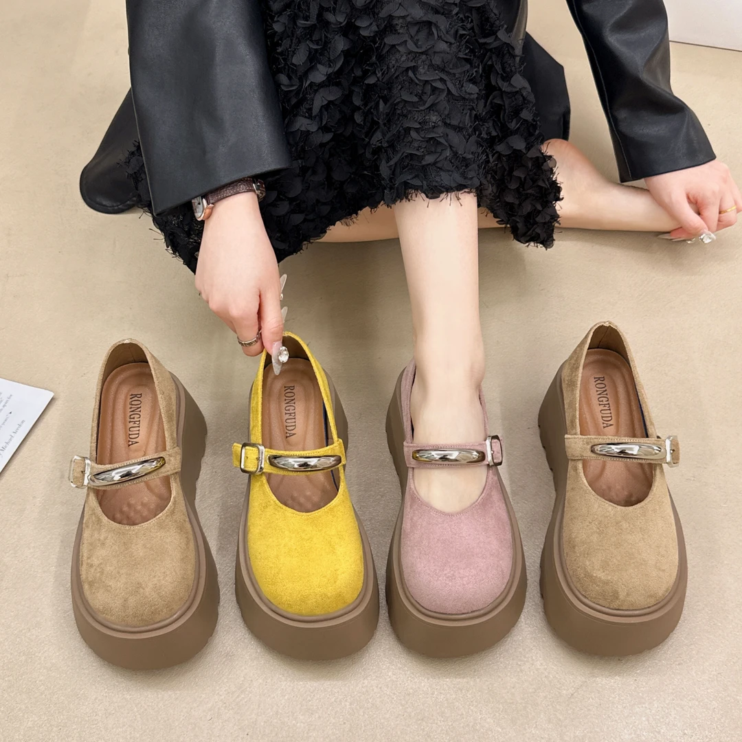 百搭复古春夏外穿单鞋2025新款法式粗跟英伦风平底增高7cm乐福鞋