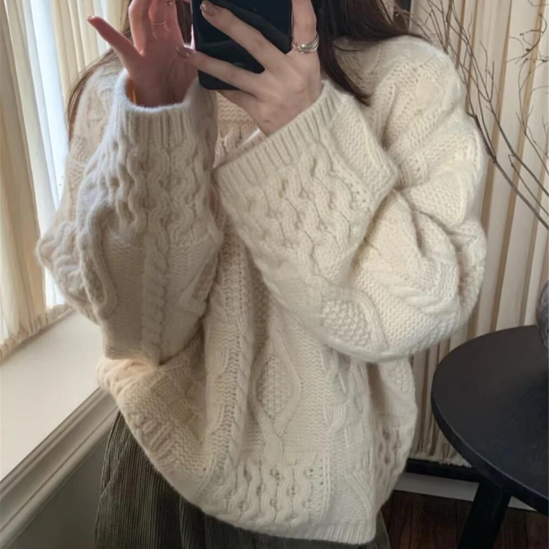 韩系复古米白色套头麻花毛衣女秋冬季加厚宽松慵懒风针织上衣外穿
