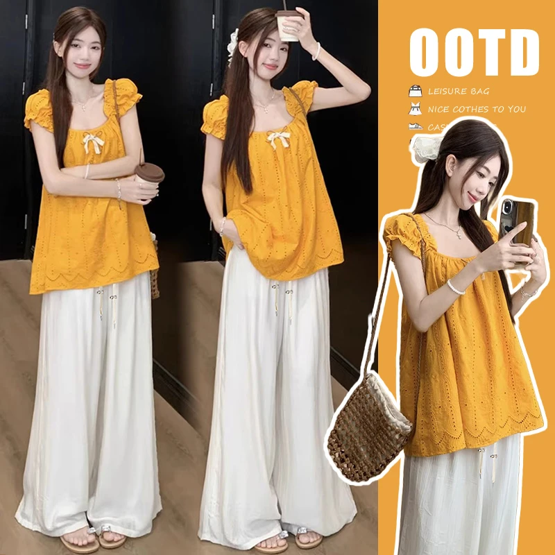 孕妇装外穿度假风时尚新款高质量镂空提花衬衫休闲阔腿裤大码套装