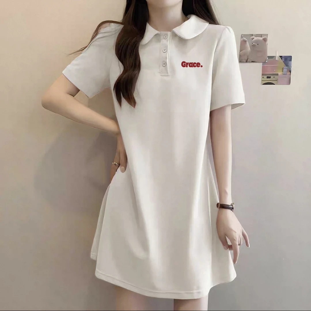 2025新款短袖白色POLO裙套头夏季连衣裙女翻领百搭学生中长款白色