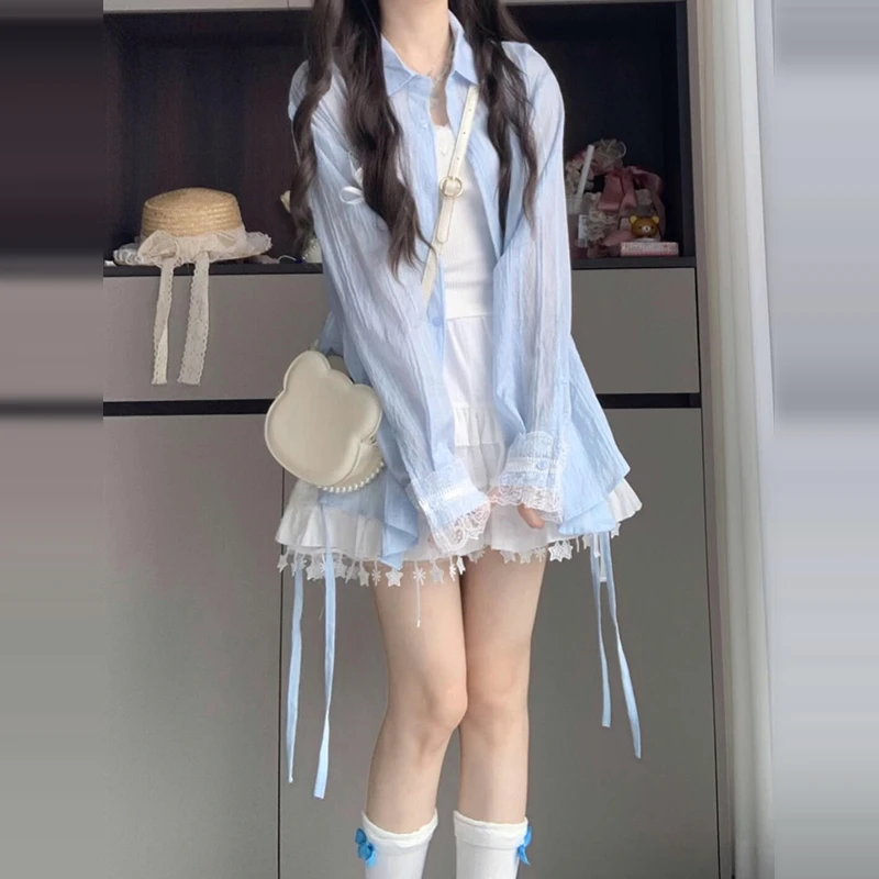 蓝色长袖衬衫外套女薄款2026夏季新款设计感小众衬衣蕾丝防晒上衣