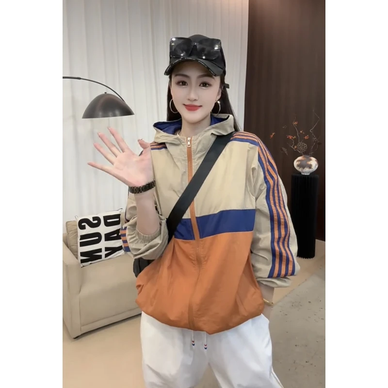 韩版撞色拼接连帽拉链防晒衣2025年夏季新款大码宽松时尚薄外套女