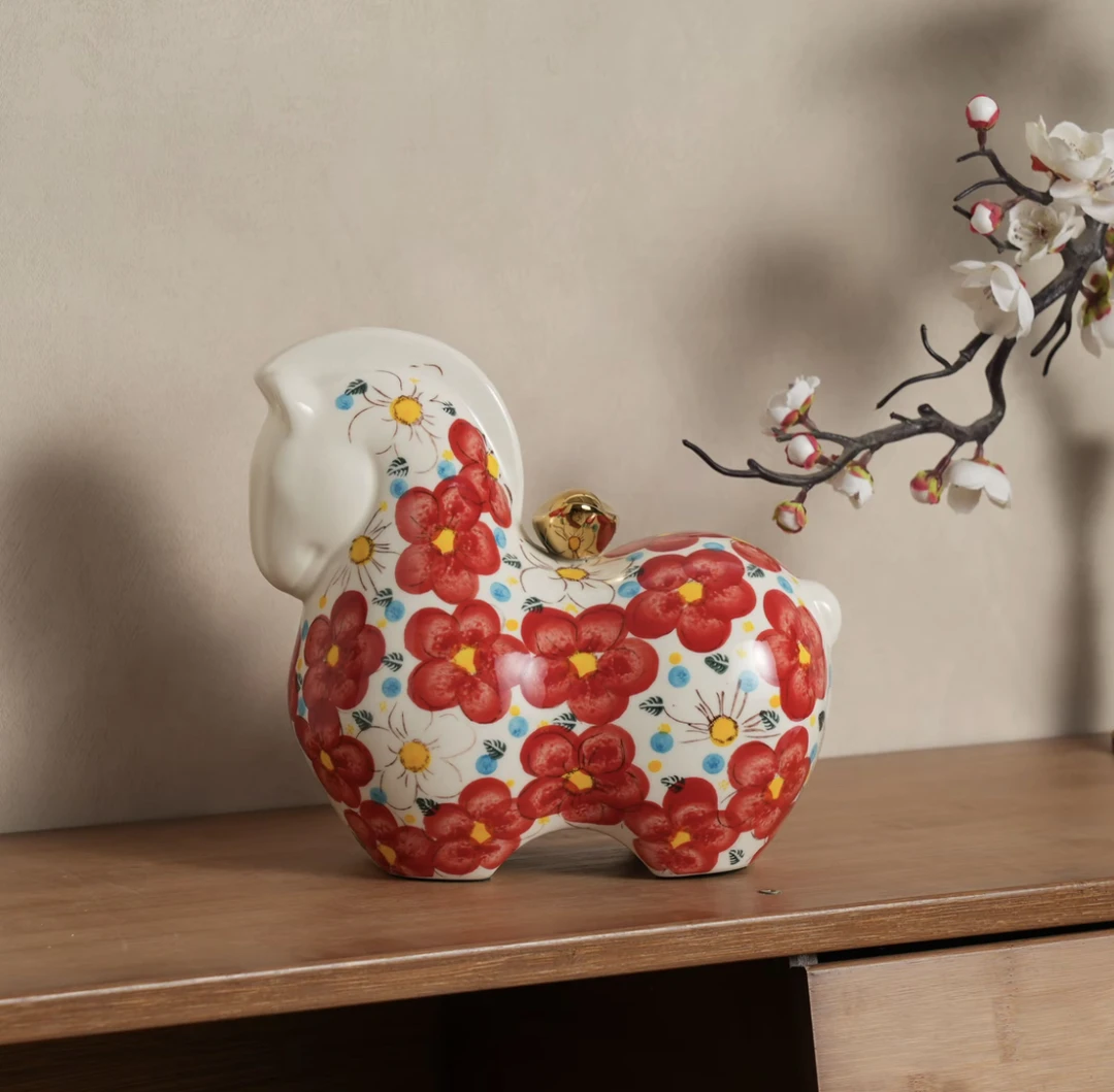【初下厨】手绘高温釉下彩陶瓷马上有钱花摆件装饰品