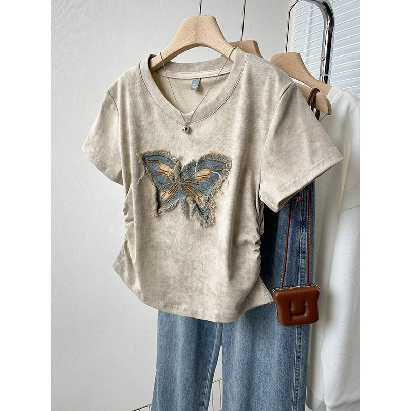 扎染v领短款修身短袖t恤女夏季2025年洋气打底衫设计感刺绣上